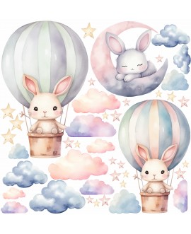 Naklejka na ścianę dla dzieci tęczowe króliczki balony chmurki księżyc naklejki dla dziewczynek studiograf