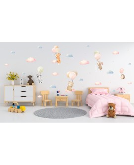 Naklejka na ścianę dla dzieci zwierzątka kolorowe balony chmurki gwiazdki szop sarenka jeżyk studiograf