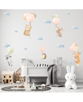 Naklejka na ścianę dla dzieci zwierzątka kolorowe balony chmurki gwiazdki szop sarenka jeżyk studiograf