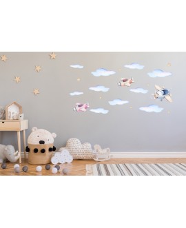 Naklejka na ścianę dla dzieci kolorowe samoloty chmurki gwiazdki