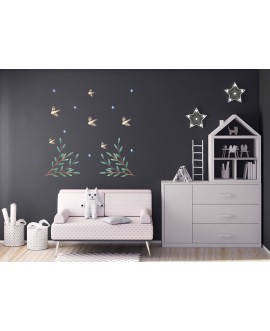 Naklejka na ścianę dla dzieci ptaszki listki gwiazdki
