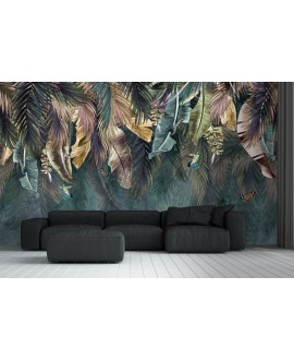 Fototapeta ścienna tropikalna z liśćmi palm i bananowca, egzotyczna dżungla z kolibrami i motylami studiograf