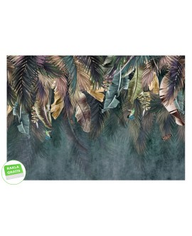 Fototapeta ścienna tropikalna z liśćmi palm i bananowca, egzotyczna dżungla z kolibrami i motylami studiograf