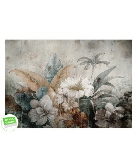 Fototapeta botaniczna w stylu vintage z dużymi kwiatami i tropikalnymi liśćmi w odcieniach beżu brązu i szarości stuadiograf