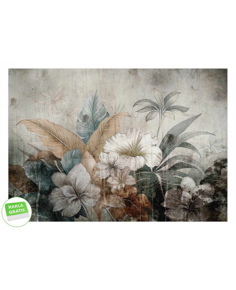 Fototapeta botaniczna w stylu vintage z dużymi kwiatami i tropikalnymi liśćmi w odcieniach beżu brązu i szarości stuadiograf Fototapeta botaniczna w stylu vintage z dużymi kwiatami i tropikalnymi liśćmi w odcieniach beżu brązu i szarości stuadiograf