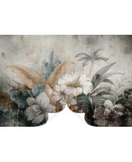 Fototapeta botaniczna w stylu vintage z dużymi kwiatami i tropikalnymi liśćmi w odcieniach beżu brązu i szarości stuadiograf