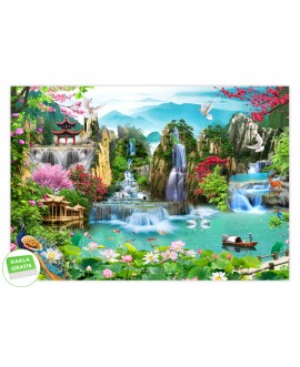 Fototapeta orientalny krajobraz wodospady egzotyczna sceneria natura pagoda architektura na wymiar
