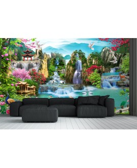 Fototapeta orientalny krajobraz wodospady egzotyczna sceneria natura pagoda architektura na wymiar