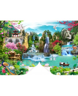 Fototapeta orientalny krajobraz wodospady egzotyczna sceneria natura pagoda architektura na wymiar