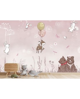 Fototapeta balony zwierzątka różowe niebo na wymiar dla dzieci sarenka misie króliczki studiograf