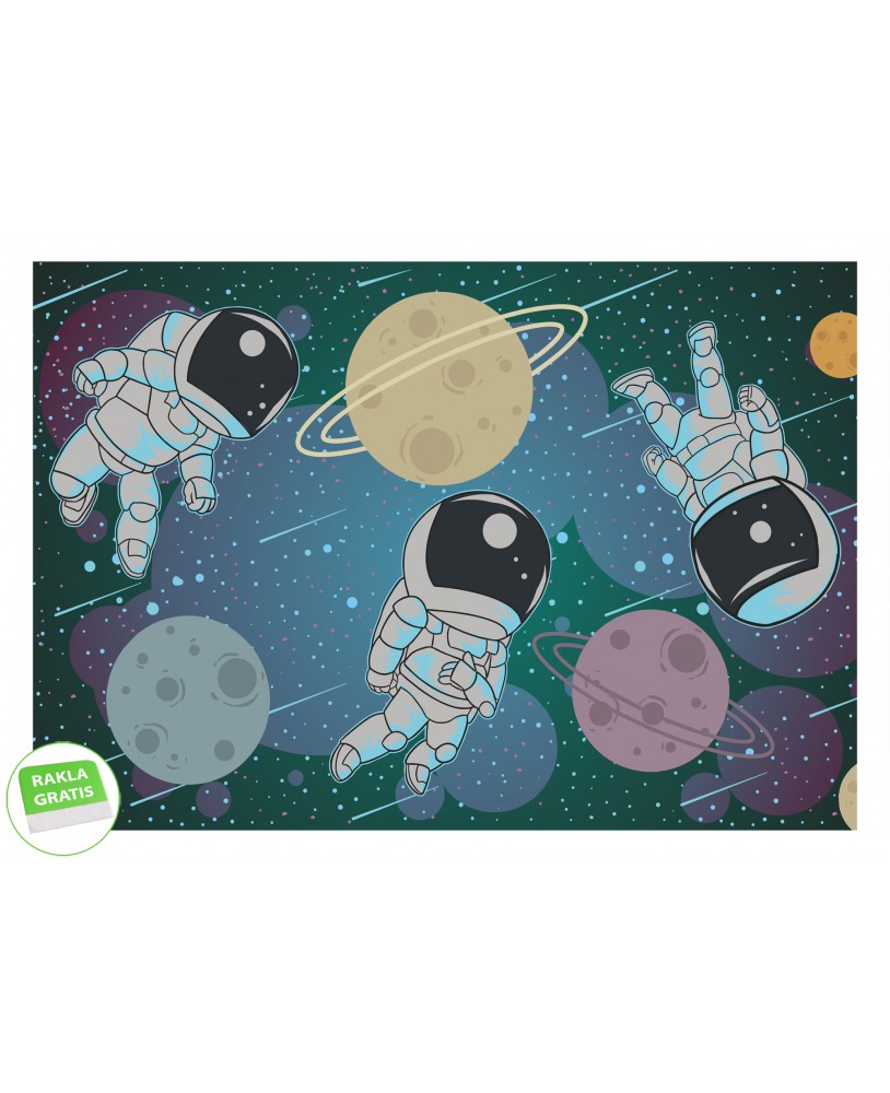 Trzech astronautów unoszących się w przestrzeni kosmicznej wśród planet i gwiazd Trzech astronautów unoszących się w przestrzeni kosmicznej wśród planet i gwiazd