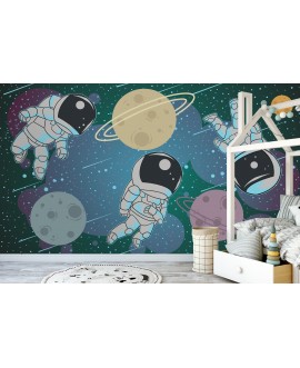 Trzech astronautów unoszących się w przestrzeni kosmicznej wśród planet i gwiazd