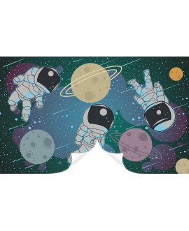 Trzech astronautów unoszących się w przestrzeni kosmicznej wśród planet i gwiazd