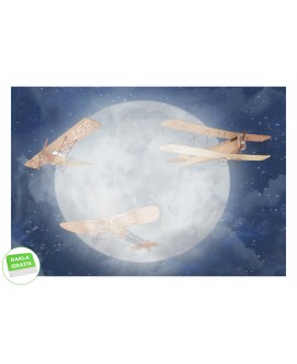 Trzy retro samoloty lecące nocą na tle księżyca i gwiaździstego nieba, efektowna ilustracja.
