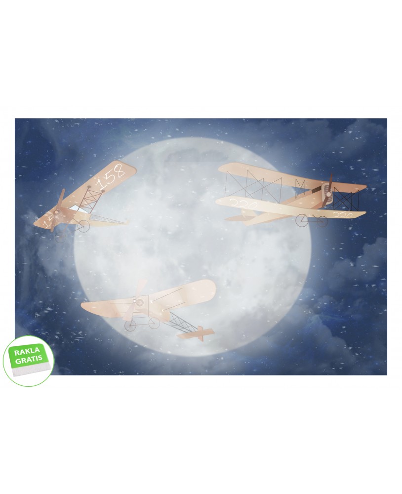 Trzy retro samoloty lecące nocą na tle księżyca i gwiaździstego nieba, efektowna ilustracja. Trzy retro samoloty lecące nocą na tle księżyca i gwiaździstego nieba, efektowna ilustracja.