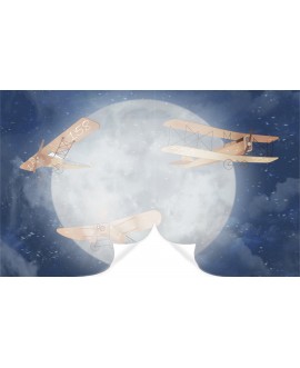 Trzy retro samoloty lecące nocą na tle księżyca i gwiaździstego nieba, efektowna ilustracja.