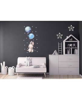 Naklejka na ścianę dla dzieci króliczki niebieskie balony gwiazdki płatki śniegu studiograf