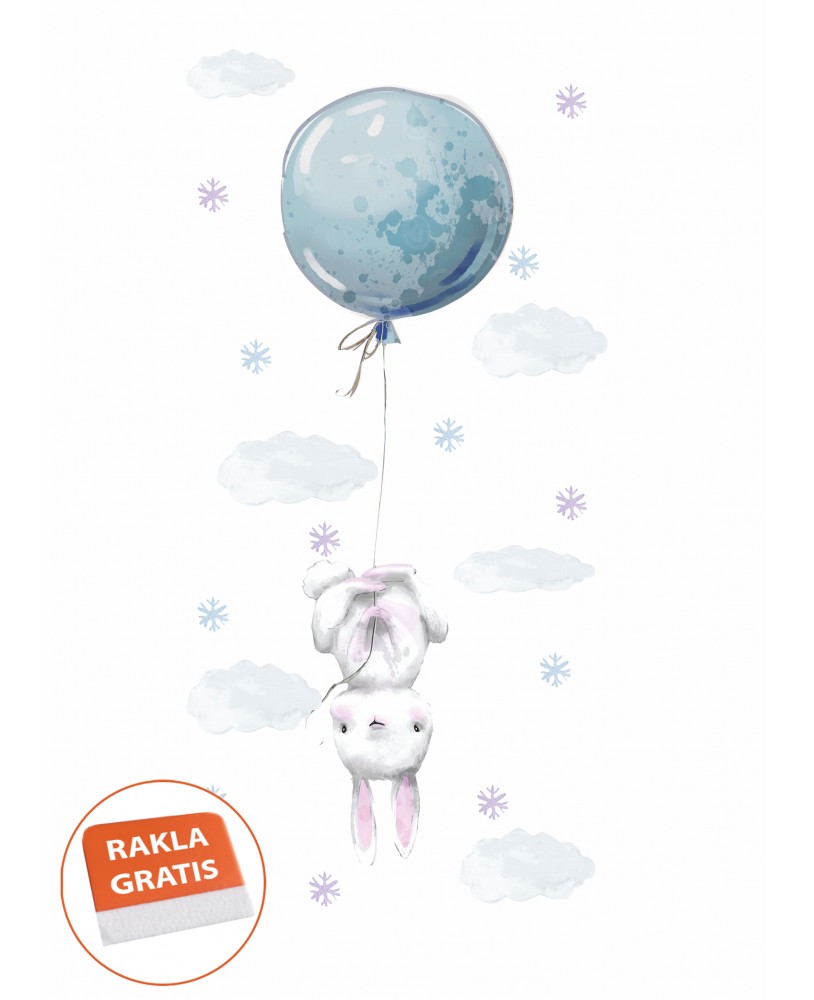 Naklejka na ścianę dla dzieci  króliczki niebieski balon płatki śniegu chmurki studiograf