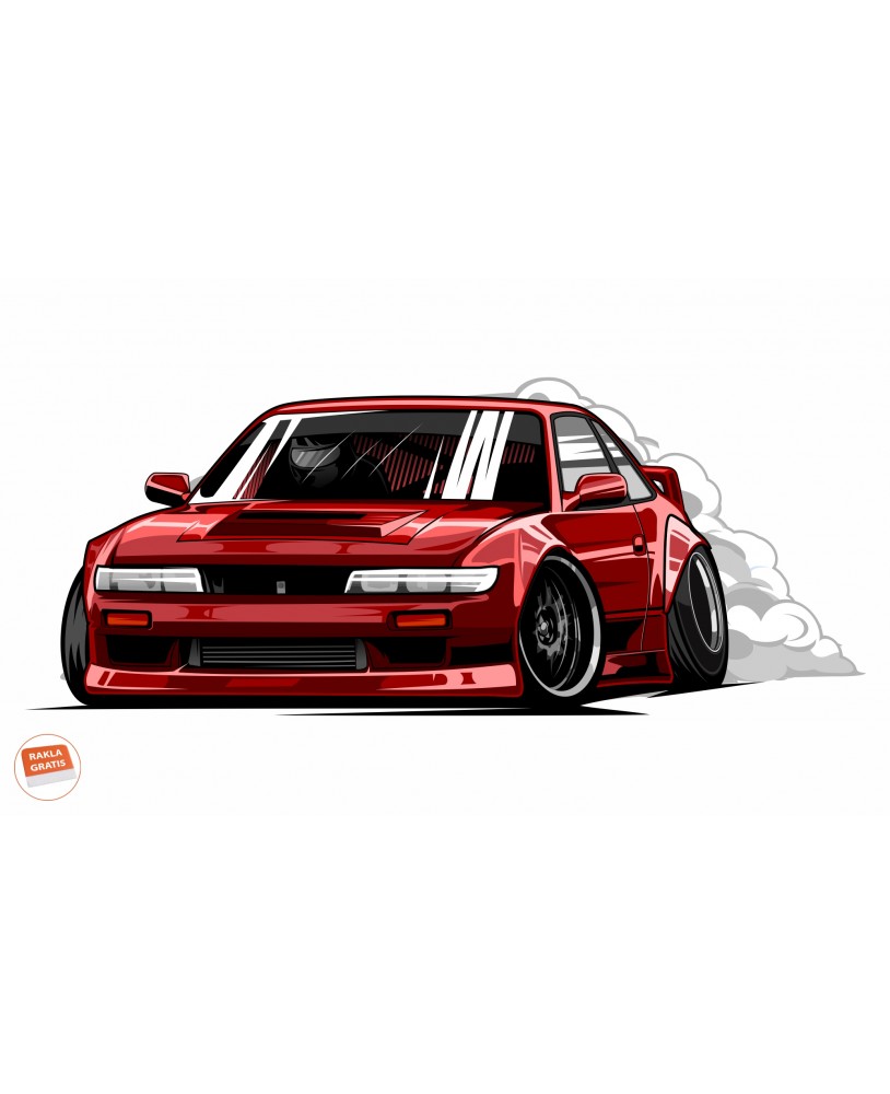 Ilustracja sportowego auta do driftu w stylu JDM, czerwony kolor, szerokie koła, dym z opon, naklejka na ścianę dla dzieci