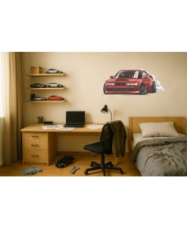 Ilustracja sportowego auta do driftu w stylu JDM, czerwony kolor, szerokie koła, dym z opon, naklejka na ścianę dla dzieci
