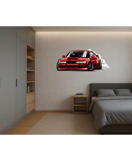 Ilustracja sportowego auta do driftu w stylu JDM, czerwony kolor, szerokie koła, dym z opon, naklejka na ścianę dla dzieci