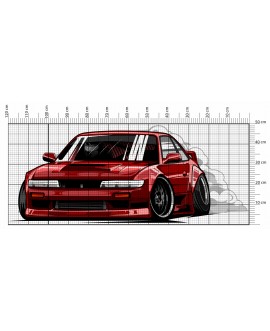 Ilustracja sportowego auta do driftu w stylu JDM, czerwony kolor, szerokie koła, dym z opon, naklejka na ścianę dla dzieci