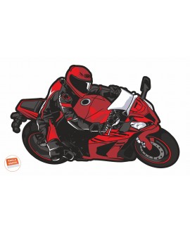 Naklejka ścienna z czerwonym motocyklistą w stroju wyścigowym na sportowym motocyklu, dynamiczna pozycja w zakręcie