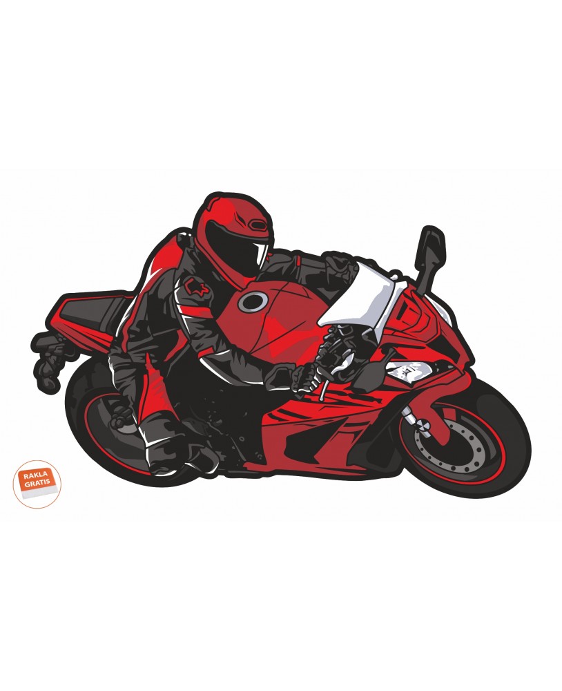 Naklejka ścienna z czerwonym motocyklistą w stroju wyścigowym na sportowym motocyklu, dynamiczna pozycja w zakręcie