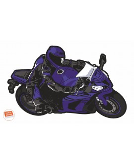 Naklejka ścienna z fioletowym motocyklistą w stroju wyścigowym na sportowym motocyklu, dynamiczna pozycja w zakręcie