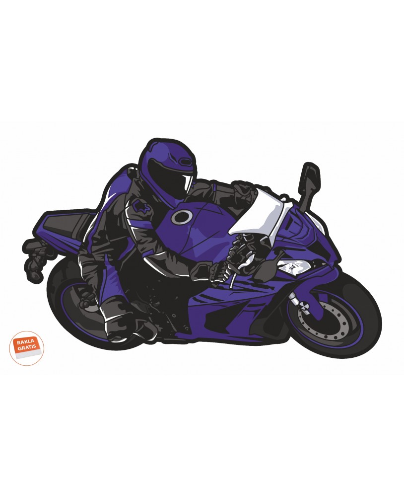 Naklejka ścienna z fioletowym motocyklistą w stroju wyścigowym na sportowym motocyklu, dynamiczna pozycja w zakręcie