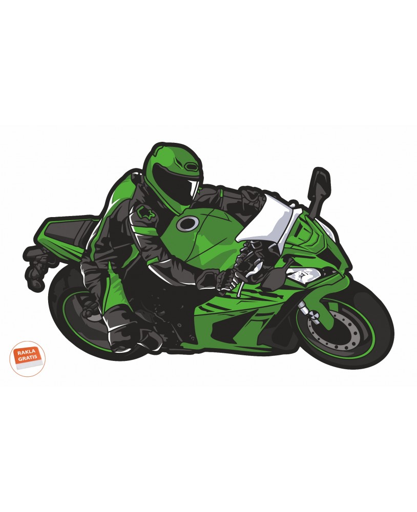 Naklejka ścienna z zielonym motocyklistą w stroju wyścigowym na sportowym motocyklu, dynamiczna pozycja w zakręcie