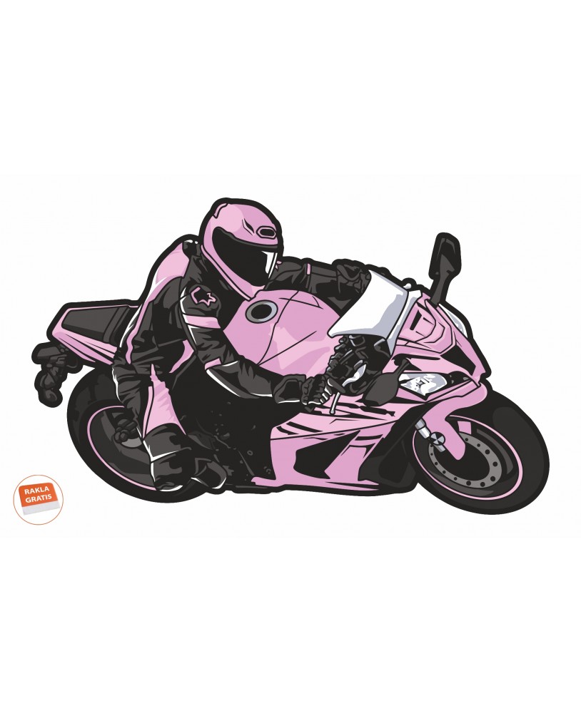 Naklejka ścienna z różową motocyklistką w stroju wyścigowym na sportowym motocyklu, dynamiczna pozycja w zakręcie