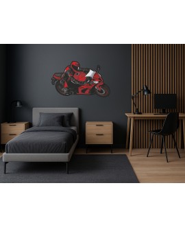 Naklejka ścienna z czerwonym motocyklistą w stroju wyścigowym na sportowym motocyklu, dynamiczna pozycja w zakręcie