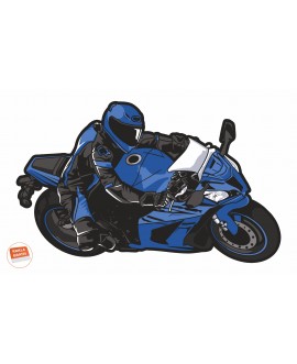 Naklejka ścienna z niebieskim motocyklistą w stroju wyścigowym na sportowym motocyklu, dynamiczna pozycja w zakręcie