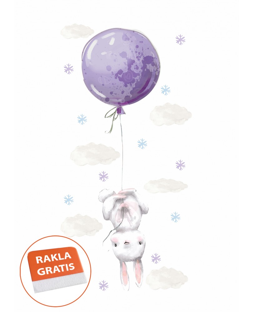 Naklejka na ścianę dla dzieci króliczki fioletowy balon płatki śniegu chmurki studiograf