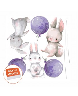 Naklejka na ścianę dla dzieci słodkie króliczki fioletowe balony studiograf