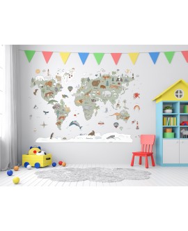 Naklejka na ścianę dla dzieci mapa świata zwierzęta folia transportowa, oliwka, kontynenty studiograf