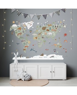 Naklejka na ścianę dla dzieci mapa świata zwierzęta folia transportowa, oliwka, kontynenty studiograf