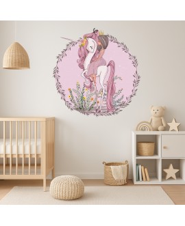 Naklejka na ścianę dla dzieci jednorożec księżniczka kwiaty