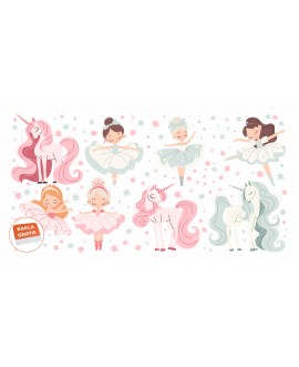 Naklejka na ścianę dla dzieci jednorożce baletnice pastelowe kolorowe koniki gwiazdki studiograf