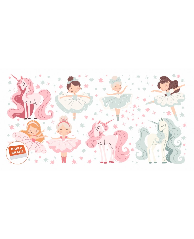 Naklejka na ścianę dla dzieci jednorożce baletnice pastelowe kolorowe koniki gwiazdki studiograf