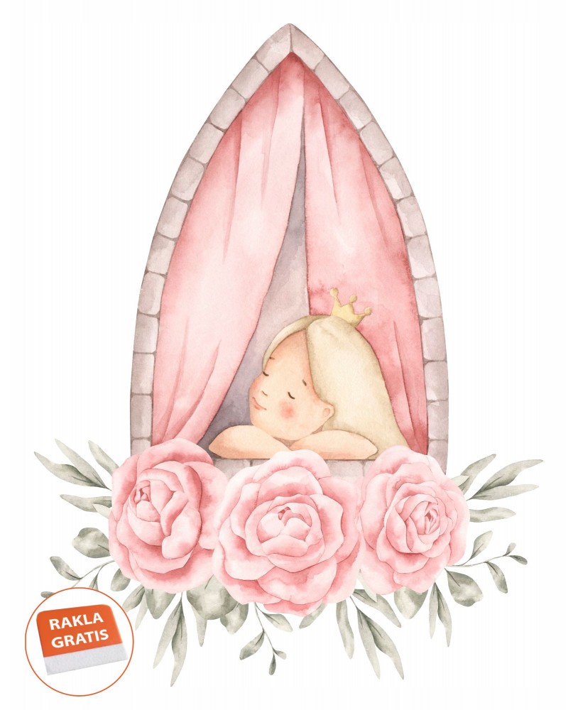 Naklejka na ścianę dla dzieci księżniczka piwonie dziewczyna w oknie ilustracja studiograf