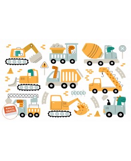 Naklejka na ścianę dla dzieci dinozaury koparki maszyny betoniarka dźwig studiograf