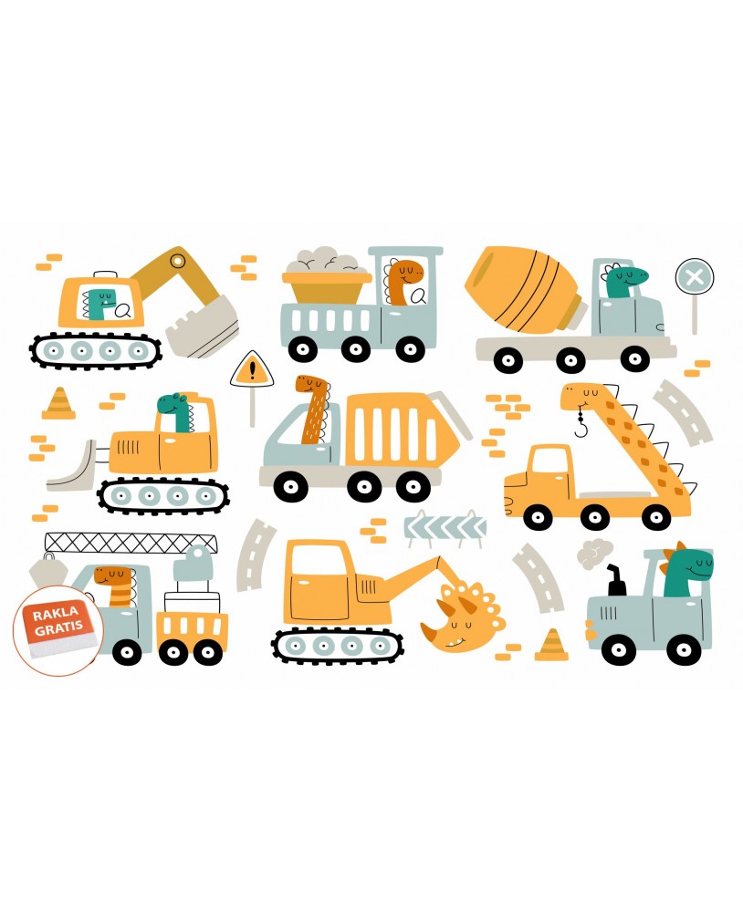 Naklejka na ścianę dla dzieci dinozaury koparki maszyny betoniarka dźwig studiograf
