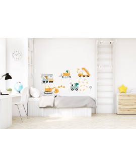 Naklejka na ścianę dla dzieci dinozaury koparki maszyny betoniarka dźwig studiograf