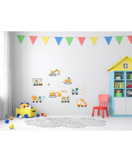 Naklejka na ścianę dla dzieci dinozaury koparki maszyny betoniarka dźwig studiograf