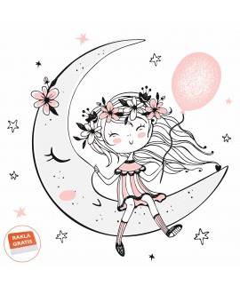 Naklejka na ścianę dla dzieci dziewczynka na księżycu z balonem i kwiatami naklejka dla dziewczynki