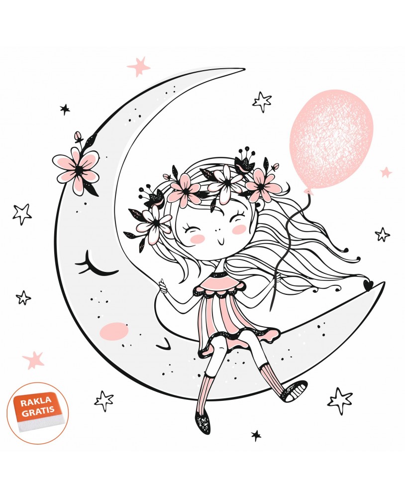 Naklejka na ścianę dla dzieci dziewczynka na księżycu z balonem i kwiatami naklejka dla dziewczynki