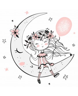Naklejka na ścianę dla dzieci dziewczynka na księżycu z balonem i kwiatami naklejka dla dziewczynki