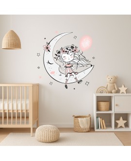 Naklejka na ścianę dla dzieci dziewczynka na księżycu z balonem i kwiatami naklejka dla dziewczynki